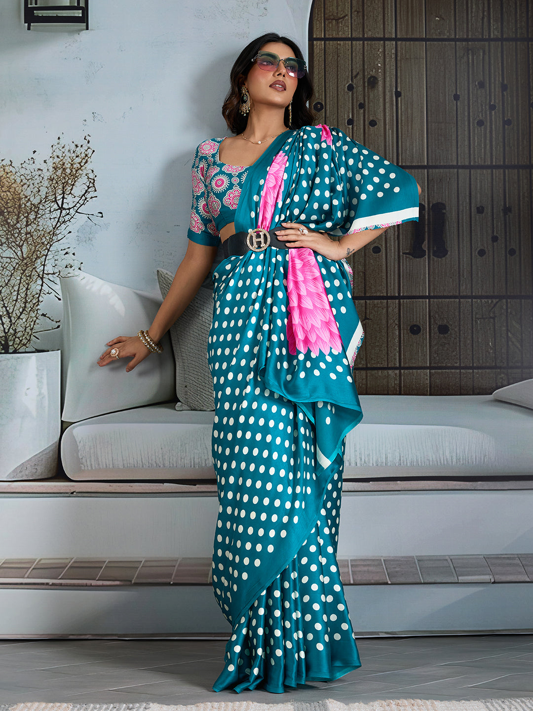 digital printed blue colour saree for daily wear