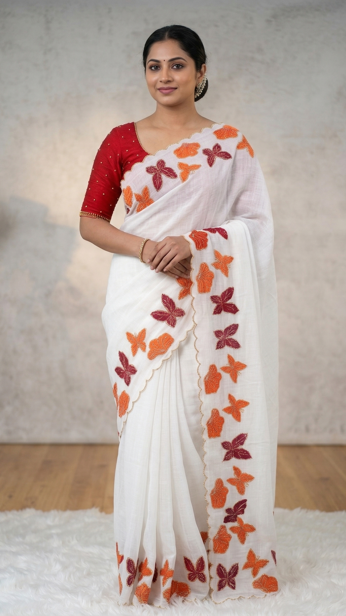 White Chiffon Butterfly Saree with Cutwork Border | KrishnaPooja Textiles