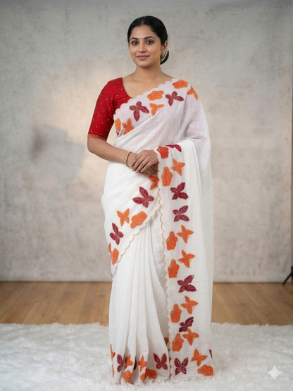 White chiffon saree with butterfly embroidery design and cutwork border | KRISHNA TEXTILES 