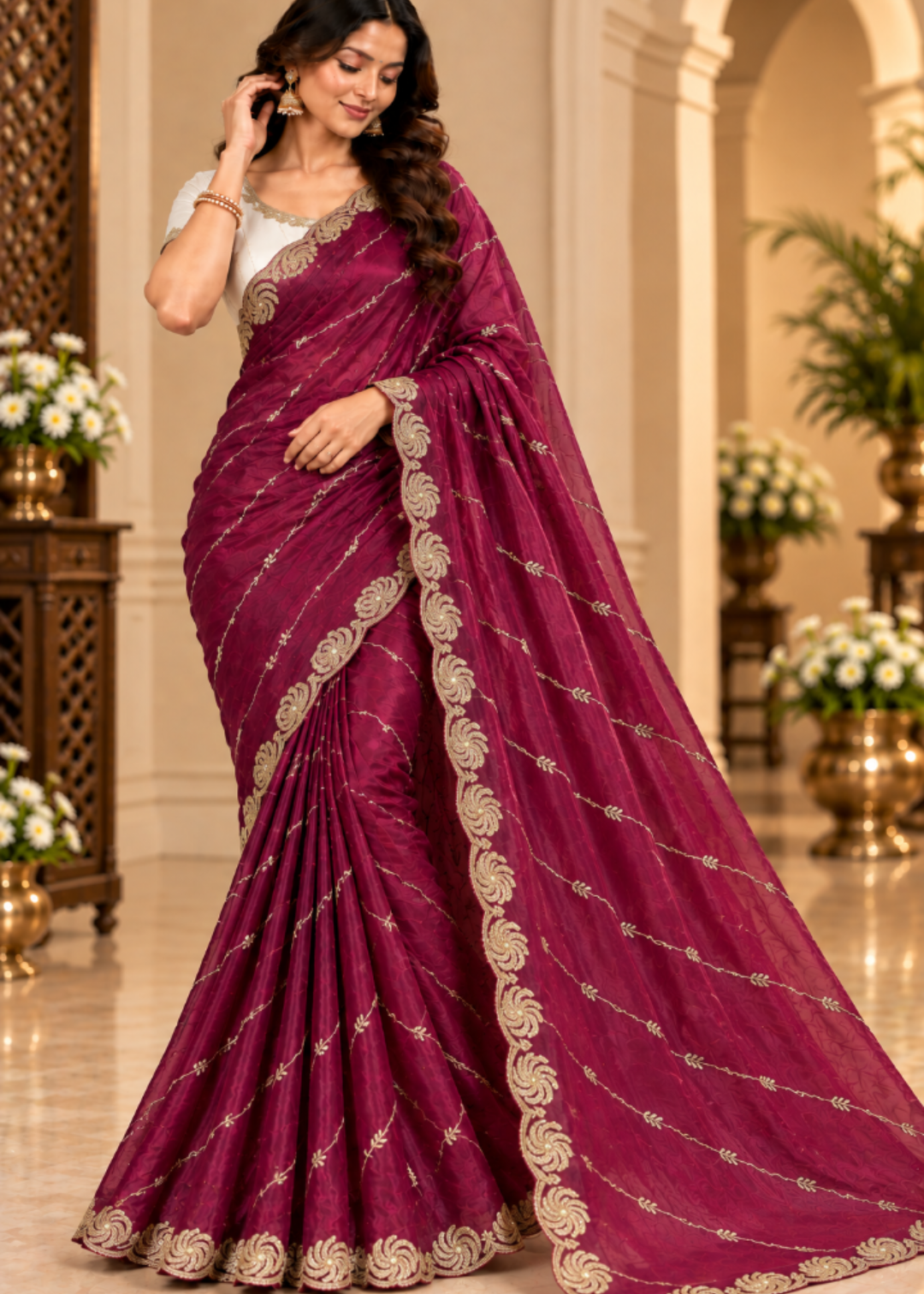 A woman models a deep magenta purple saree with gold zari embroidery and a white blouse in an elegant indoor setting with arches and floral arrangements.