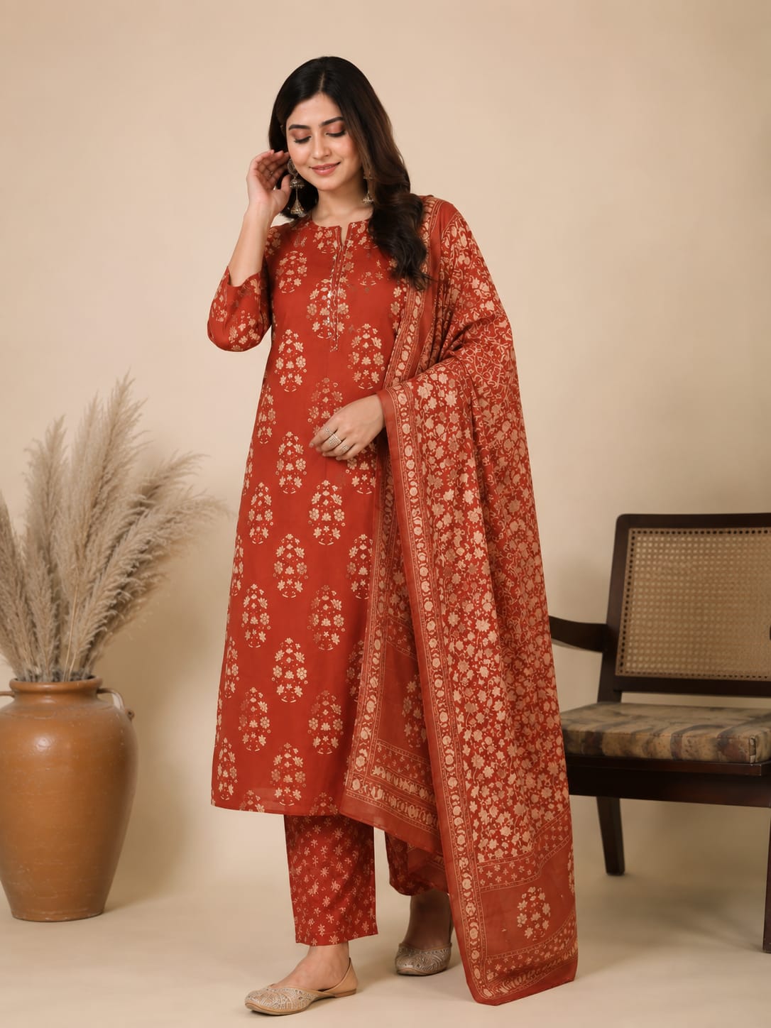 Jaipuri Pure Cotton 3 Piece Suit Set for Women | Kurti Pant Dupatta