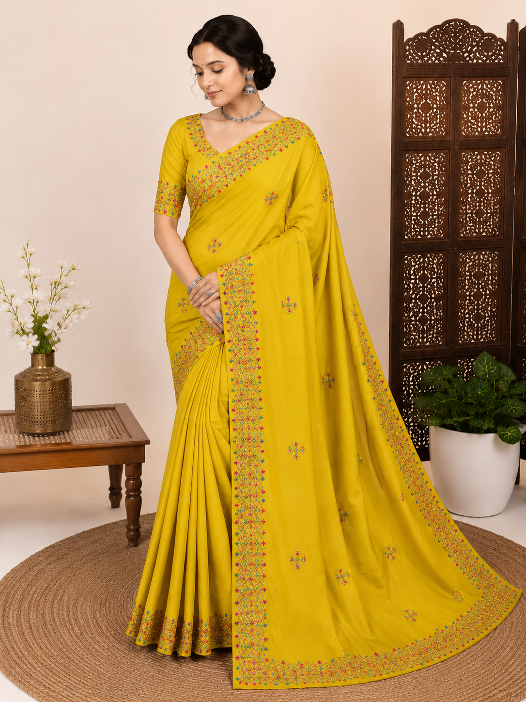 Woman wearing a yellow saree with intricate patterns in a decorated room.