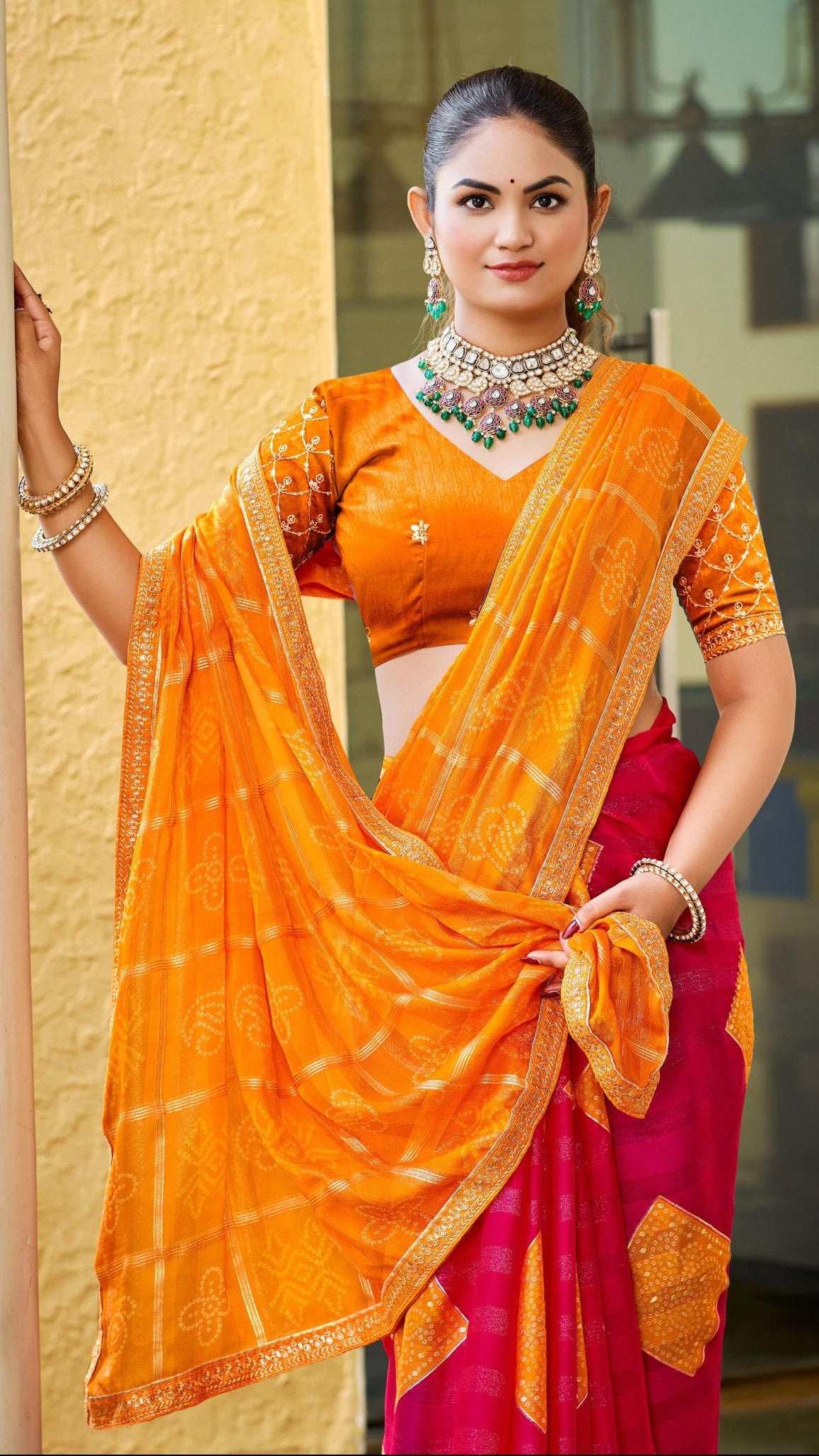 Mustard pink traditional printed synthetic silk saree for women